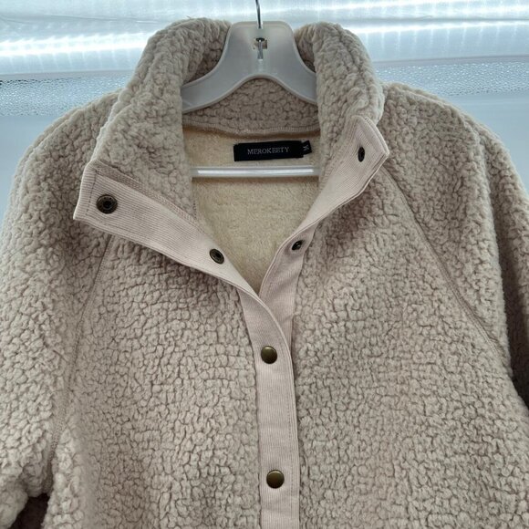 Merokeety Women's Fleece Snap Up Jacket Cream Size Medium Long Sleeve - Picture 2 of 9